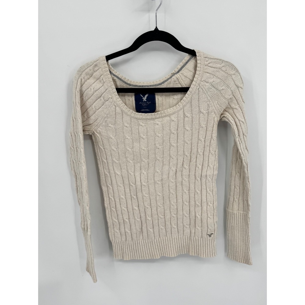American Eagle Cable Knit Sweater Womens Medium Cream Oatmeal Scoop Neck